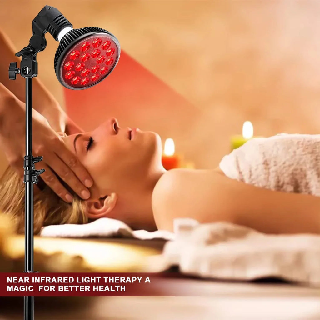 Red light therapy lamp on stand for face skin care and pain relief with 660nm 850nm LED infrared light treatment.