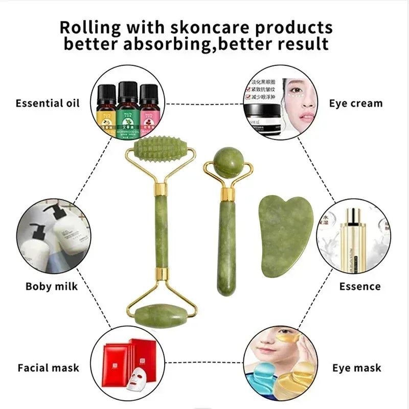 Jade Roller and Gua Sha Set for Facial Lifting | Green Stone Massage Tool Body Shaping Massage Equipment Tidesmit