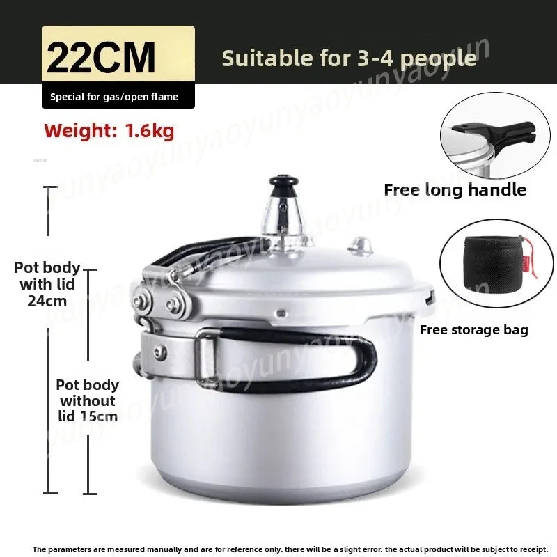 22cm portable pressure cooker with black side handle, vented lid and chrome safety valve.