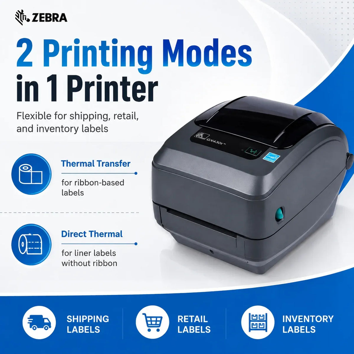 Zebra GX430T desktop thermal label printer showing top display and front output opening