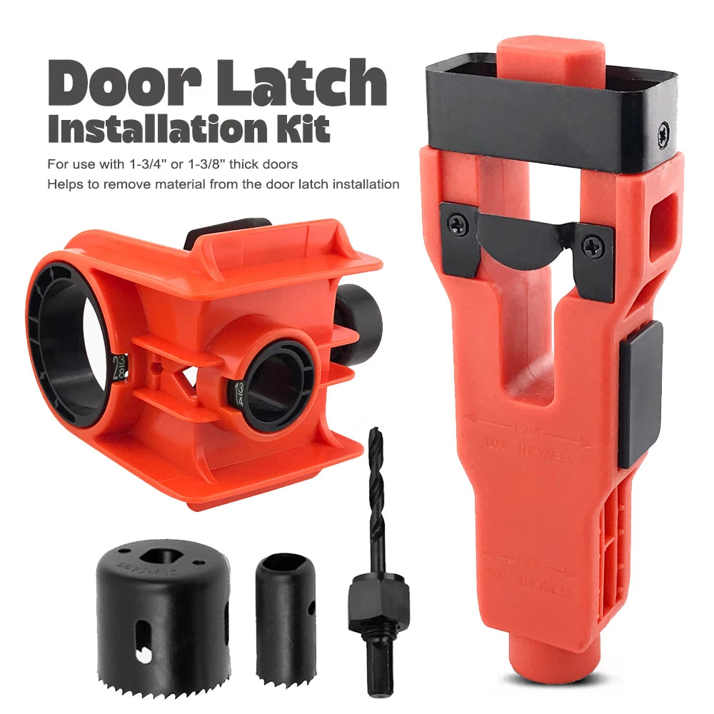Orange door latch installation kit with hole saw cutters and drilling bit attachment