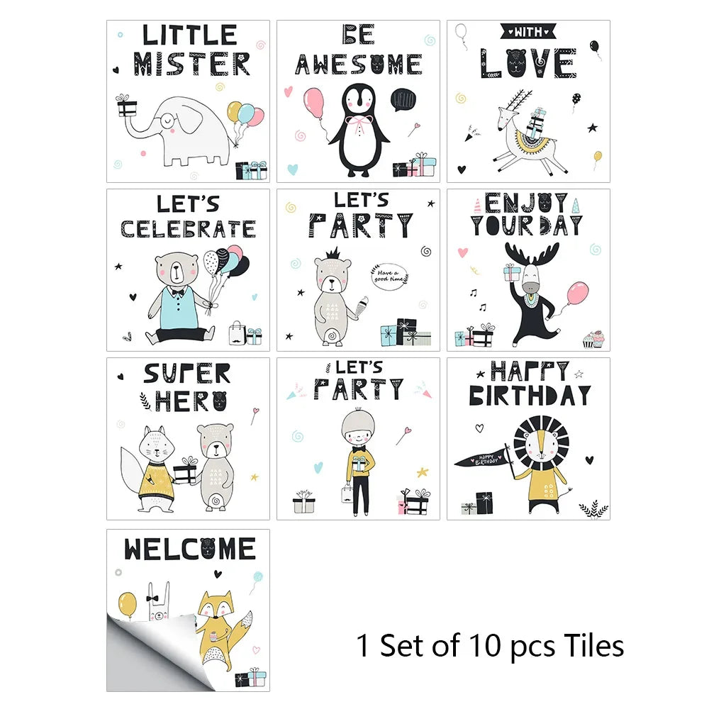 Party-themed animal and gift tile stickers, 10-piece set with playful cartoon scenes