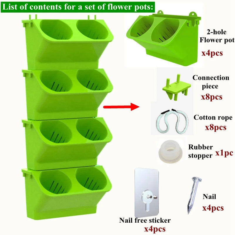 Stackable light green wall flower pot set with connection pieces and cotton rope
