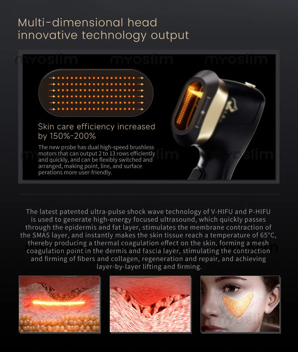 Black and gold ultrasonic facial lifting device with a rectangular probe head for skin tightening and firming