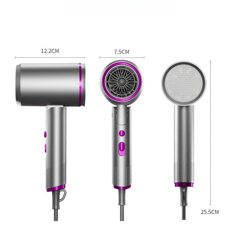 Foldable 2400W silver hair dryer with purple accents, featuring cold/hot air settings and compact travel design.