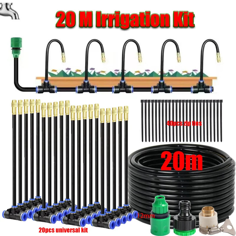 Universal automatic irrigation sprinkler kit with coiled hose, multiple outlets, copper nozzles