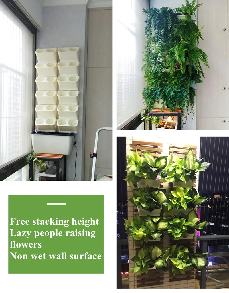 Light green modular vertical wall planter with stacked flowerpot cups