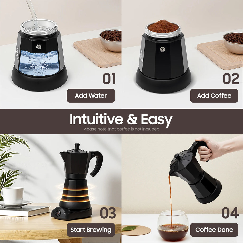 Black electric moka pot coffee maker showing 4-step brewing process with water, coffee grounds, and pouring espresso.