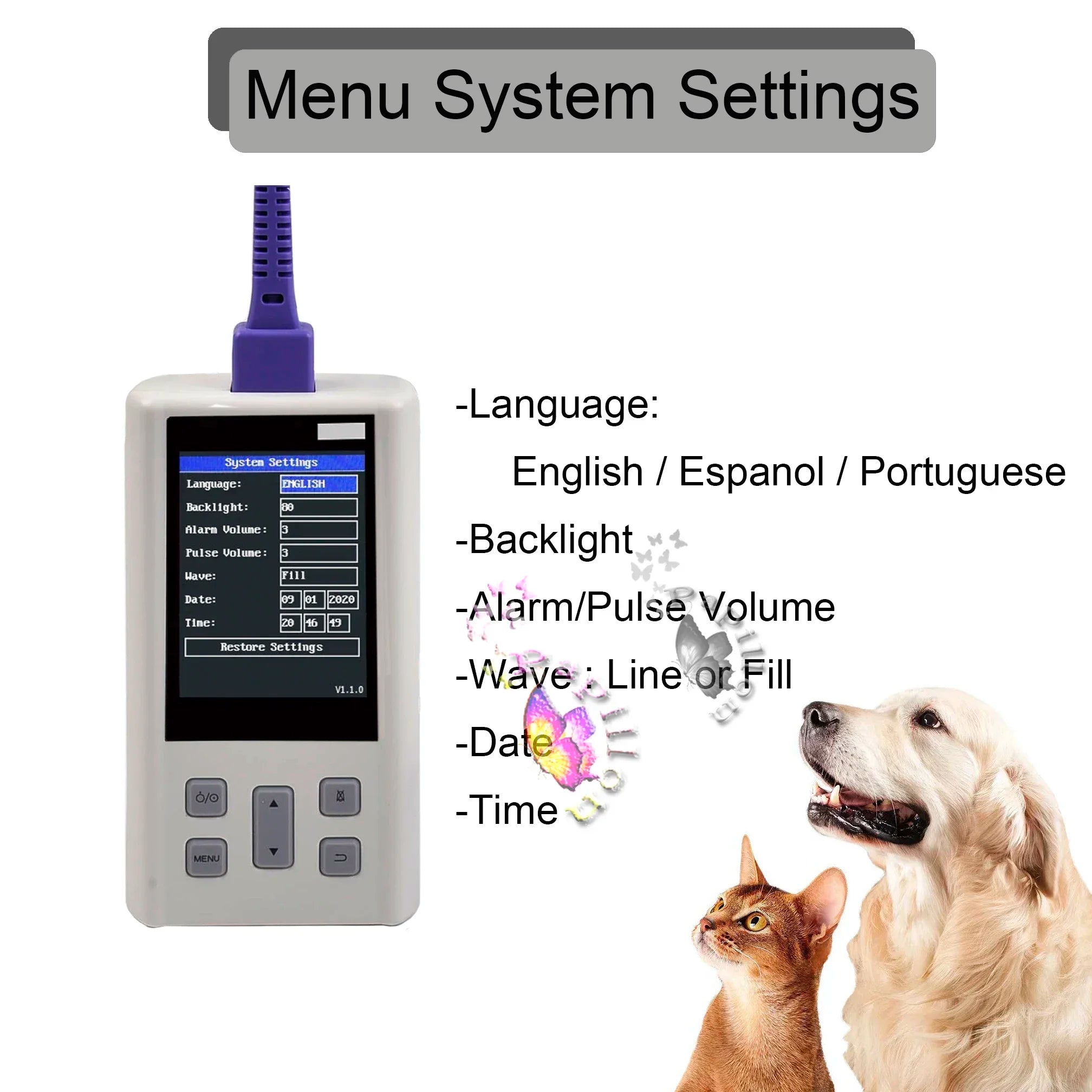 Handheld Pulse Oximeter Veterinary Vital SPO2 PR PI Heart Rate Monitor With Memory Adult Neonatal Pets Hospital Clinic Household