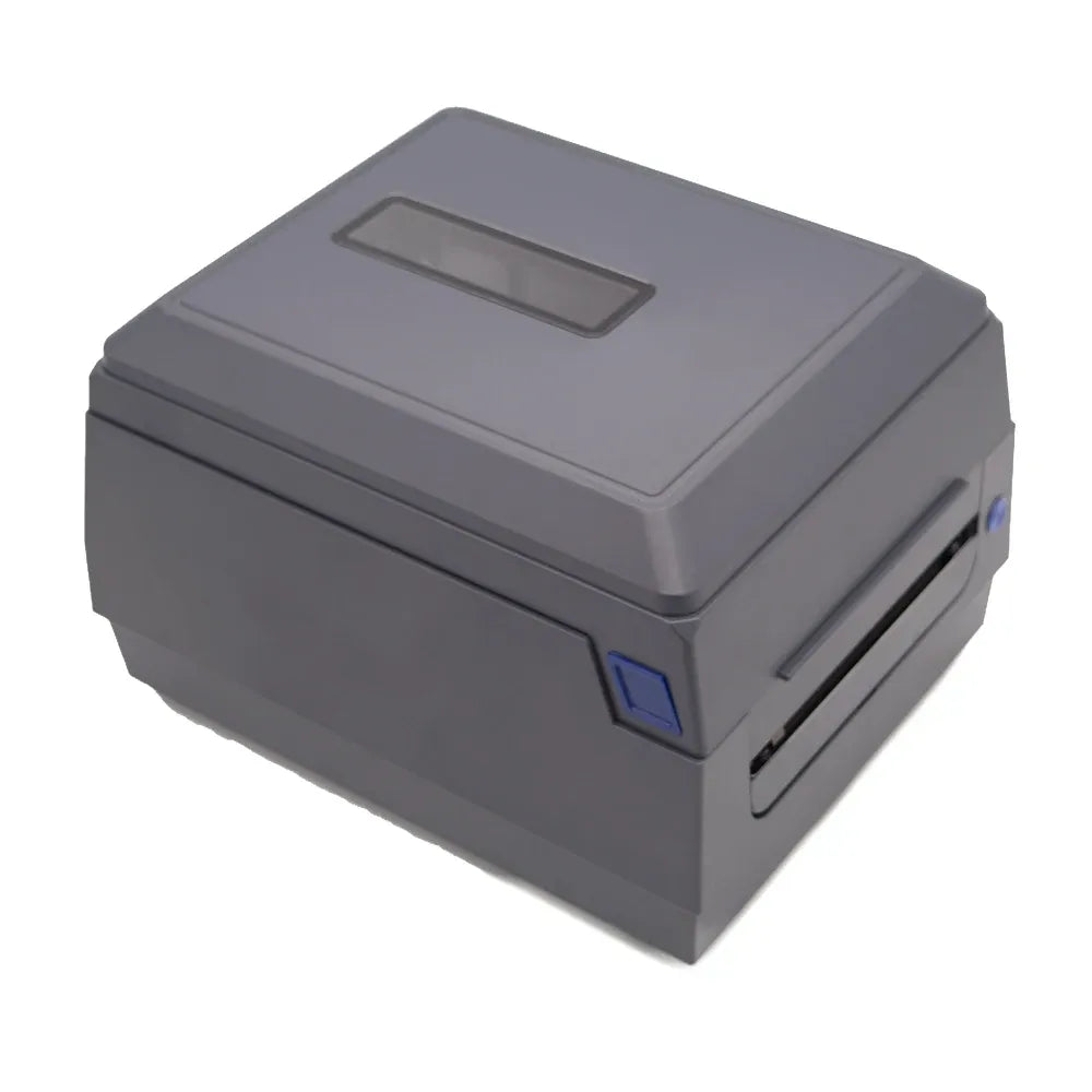 Gray 110mm barcode label printer with front paper slot and USB-ready interface