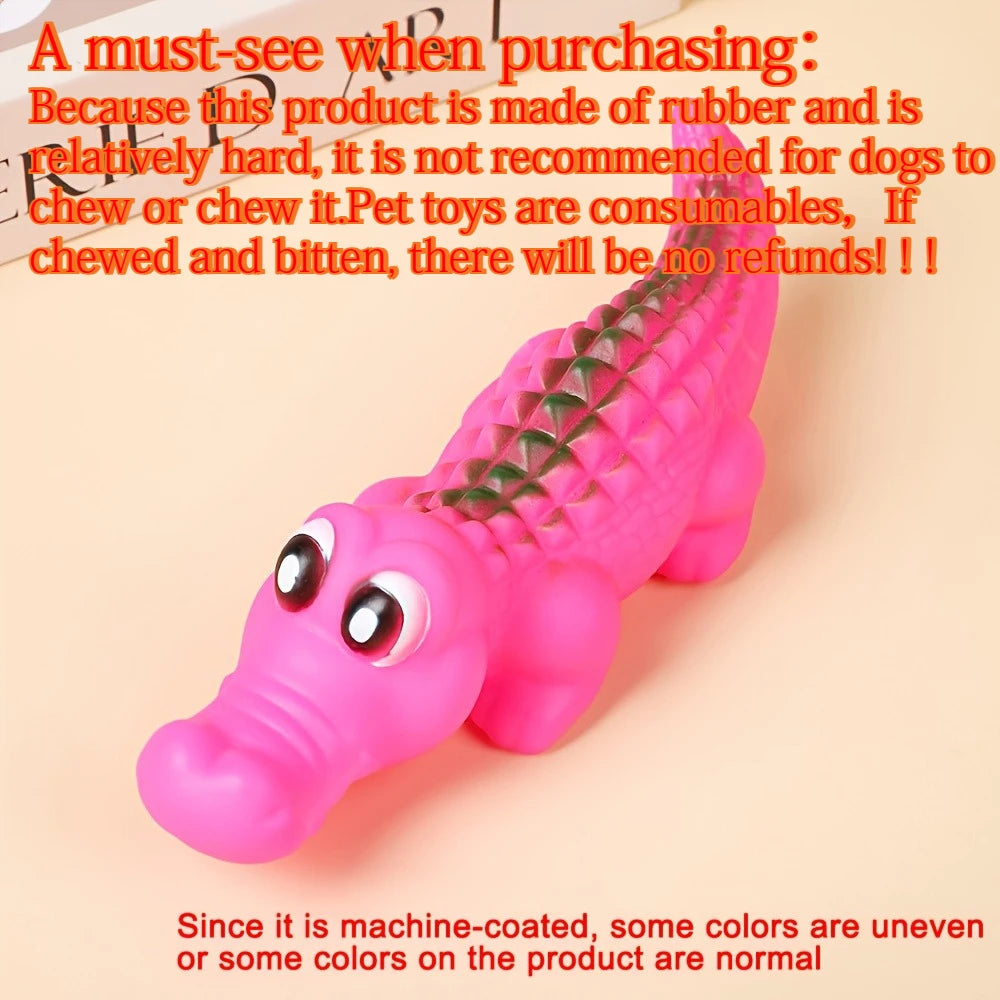 Pink rubber crocodile squeaky dog toy for interactive play and fun animal-themed pet games.