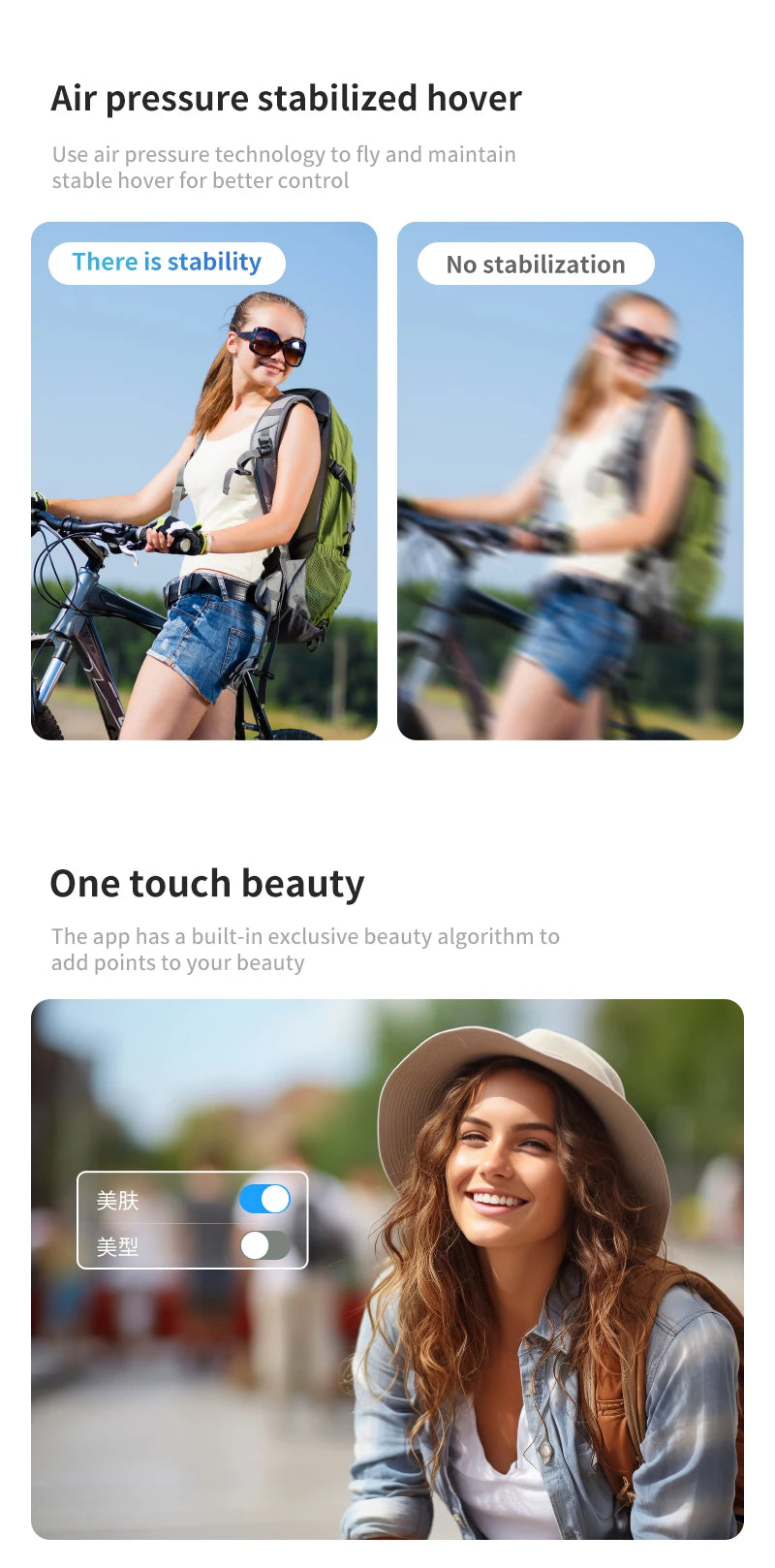 Air pressure stabilized drone showing clear versus blurry cycling photos and a portrait with beauty filter settings.