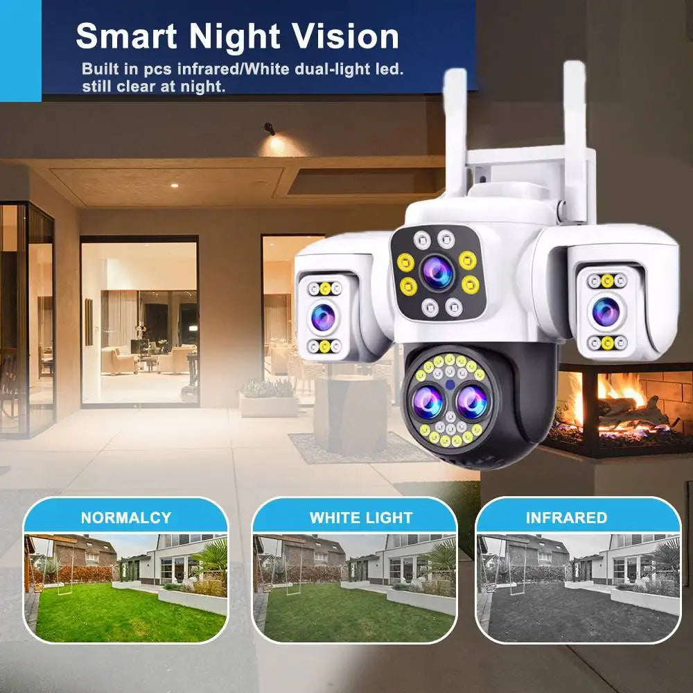 20MP Outdoors Wifi Camera 10K HD Three Screens Security PTZ IP Camera 10X Digital Zoom Lens Human AI Auto Detect Tracking Camera
