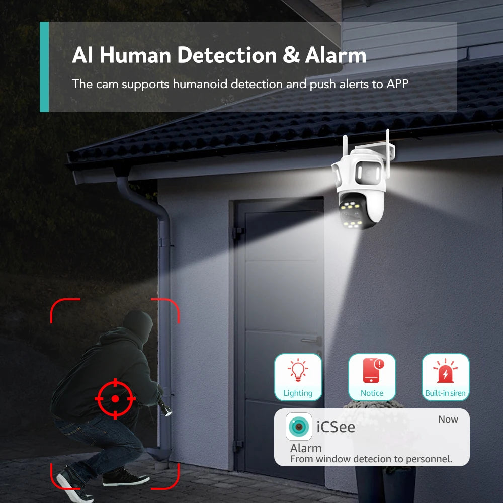 Wifi Camera Outdoor PTZ 4 Lens 4 Screen 8X Hybrid Zoom AI Auto Tracking Linkage Video Bluetooth Security Camera IP iCSee APP