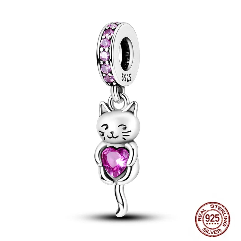 925 silver cat charm pendant with pink heart gemstone, perfect for DIY pet-themed charm bracelets and jewelry.
