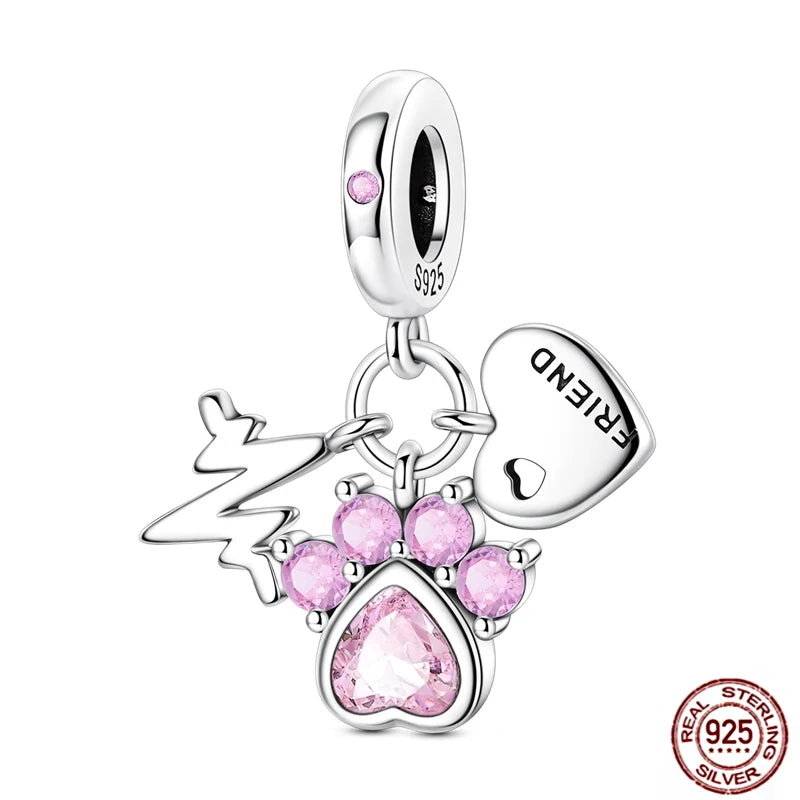 925 sterling silver pet paw charm with pink crystals and "FRIEND" heart for DIY charm bracelets.