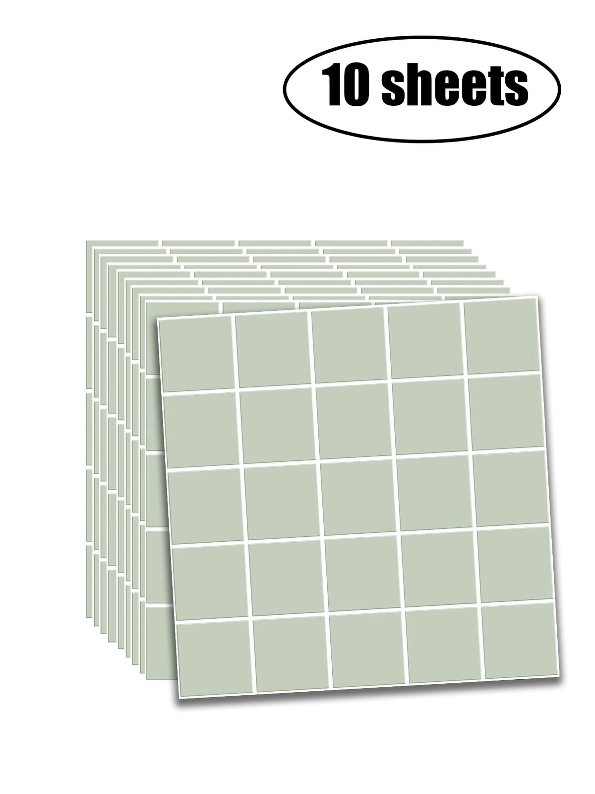 Sage green square grid peel-and-stick tile mosaic sheets in a layered stack