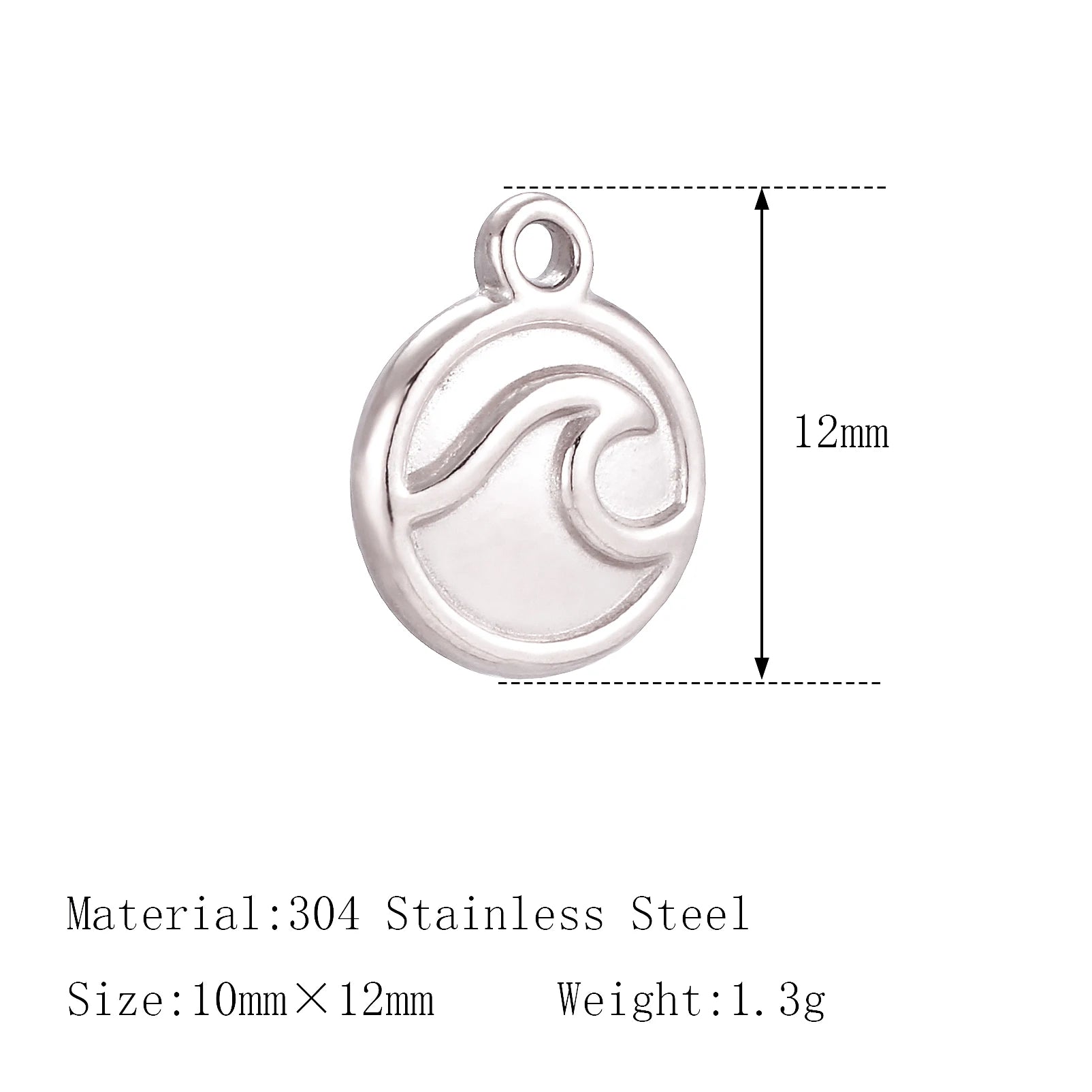 Silver 12mm stainless steel sea wave charm for DIY pet necklaces, bracelets, and custom jewelry making.