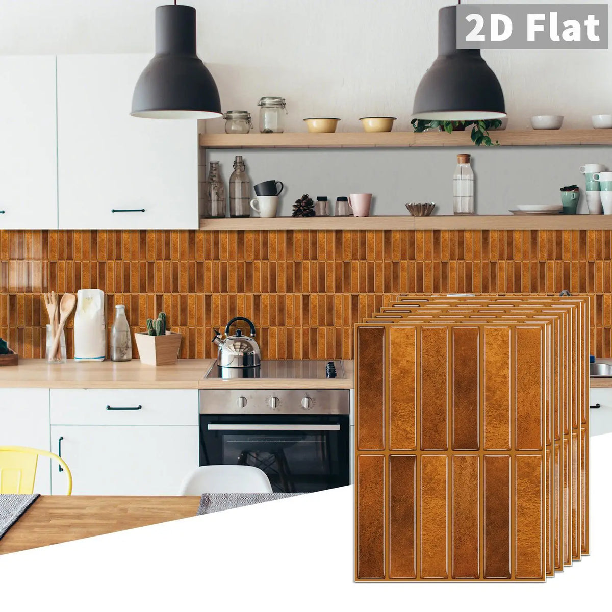 Self-adhesive orange-brown tile decal stickers with rectangular grid, peel-and-stick sheets