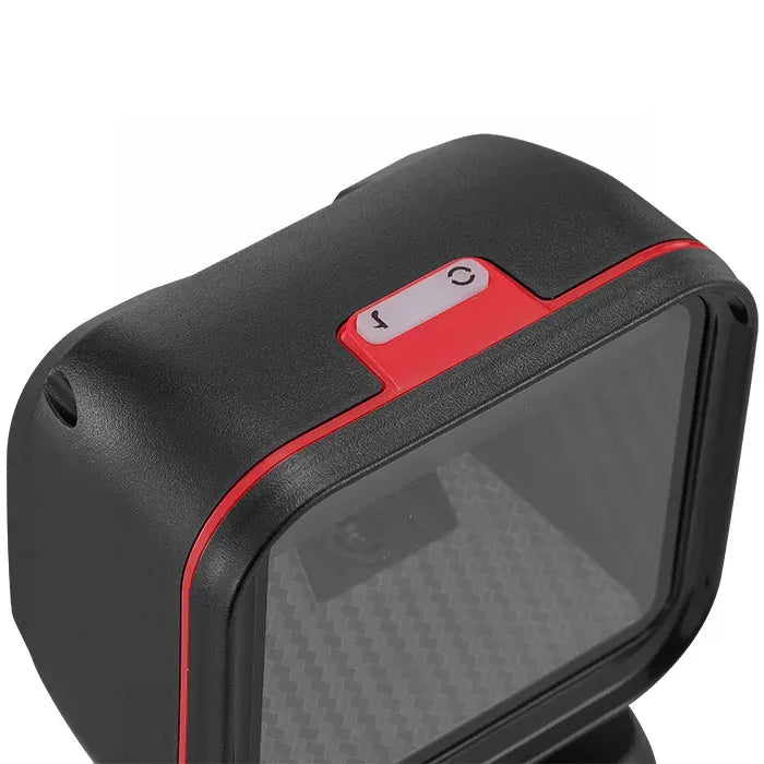 Black desktop barcode scanner head with red control panel and scan window
