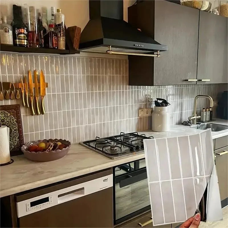 Peel-and-stick backsplash tile sheet, glossy white square subway-style grid