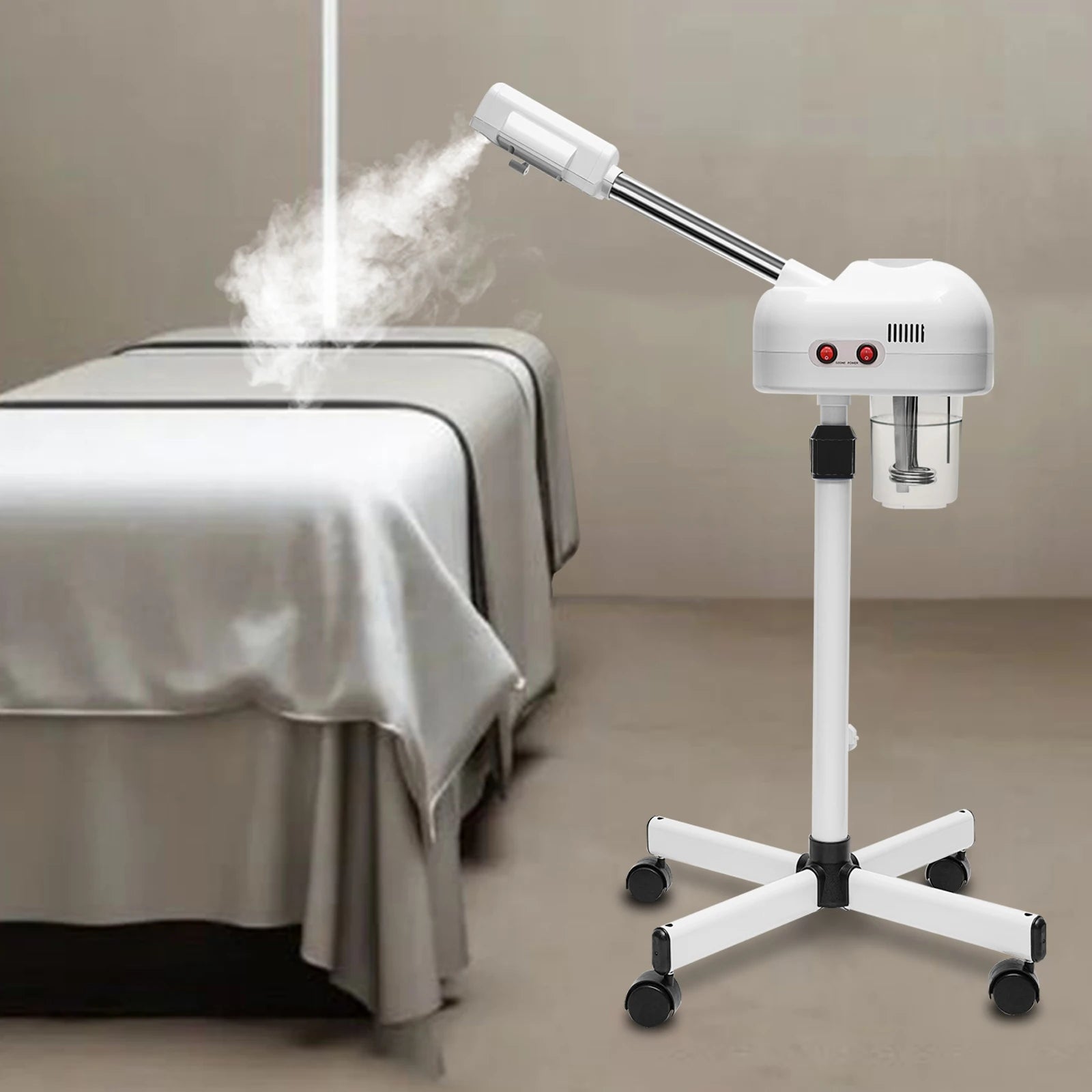 Professional 800W facial steamer on rolling stand with 750ml water tank, emitting warm mist for spa and salon skin care.