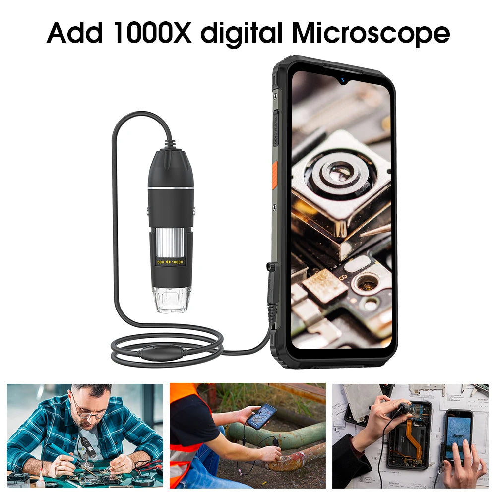 Ulefone Armor 21 rugged phone with black 1000x digital microscope accessory and microscopic PCB screen view.