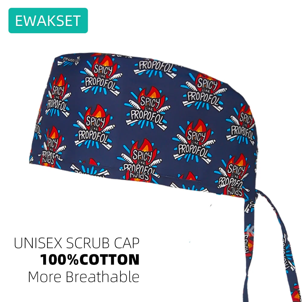 Blue unisex scrub cap in 100% cotton with sweatband, featuring Spicy Propofol print for vets, nurses, and pet clinics.