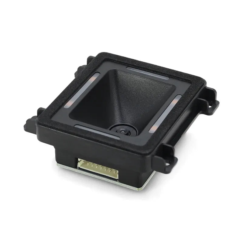 Close-up of embedded barcode scanner module scan window with side connectors and mounting clips