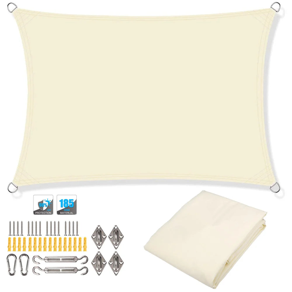 Light yellow sun shade sail rectangle with corner grommets, plus included mounting kit items.