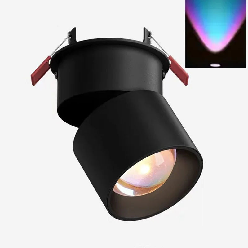 Black LED ceiling spotlight with angled cylindrical head and red mounting brackets