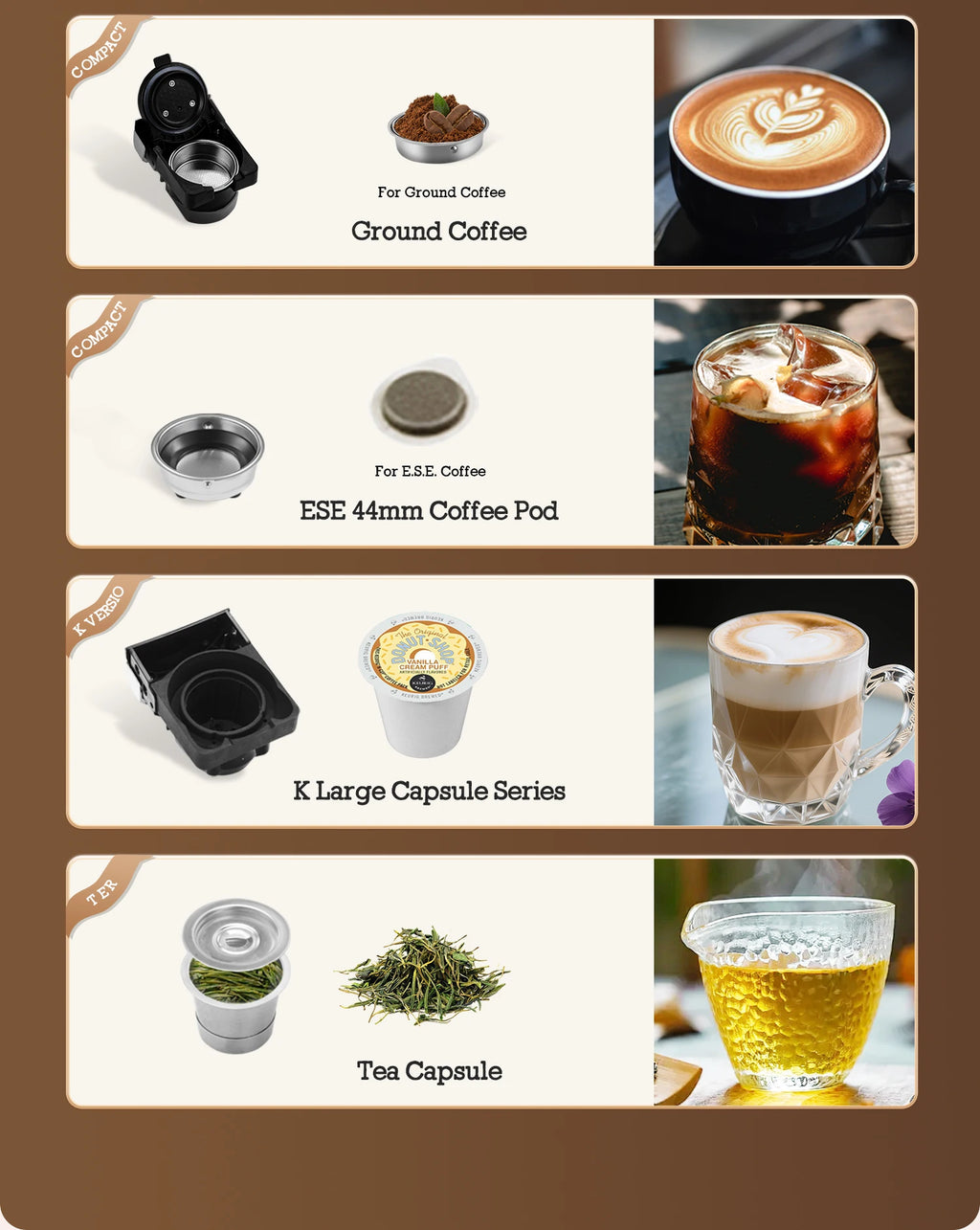 Multi-use coffee and tea maker accessories for ground coffee, ESE pods, K-capsules, and tea leaves.