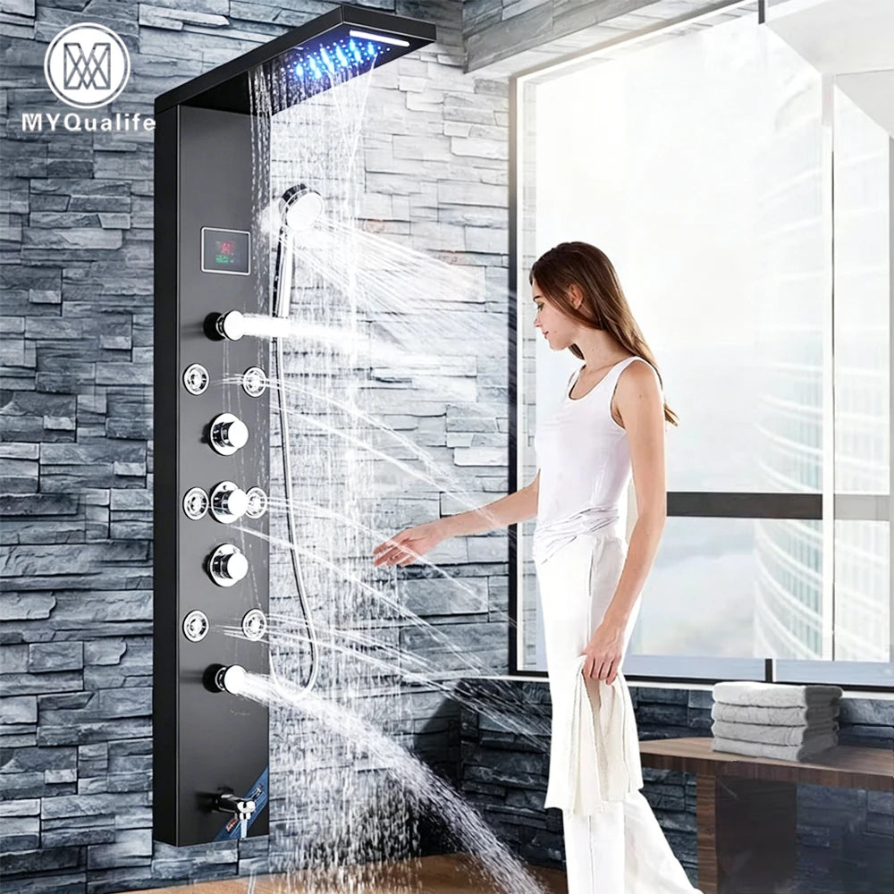 LED Shower Panel Waterfall Rain Digital Display Shower Faucet Set SPA Massage Jet Bathroom Column Mixer Tap Tower System