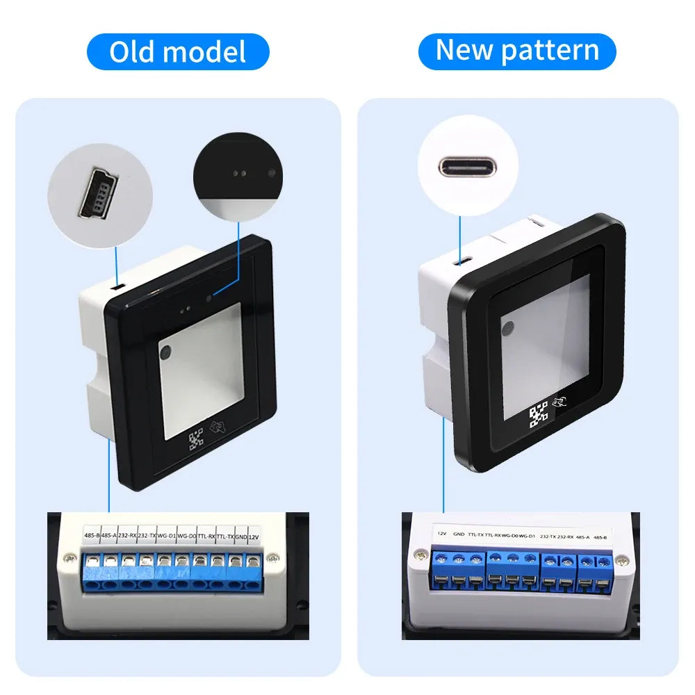 QR code reader old vs new connector design comparison diagram