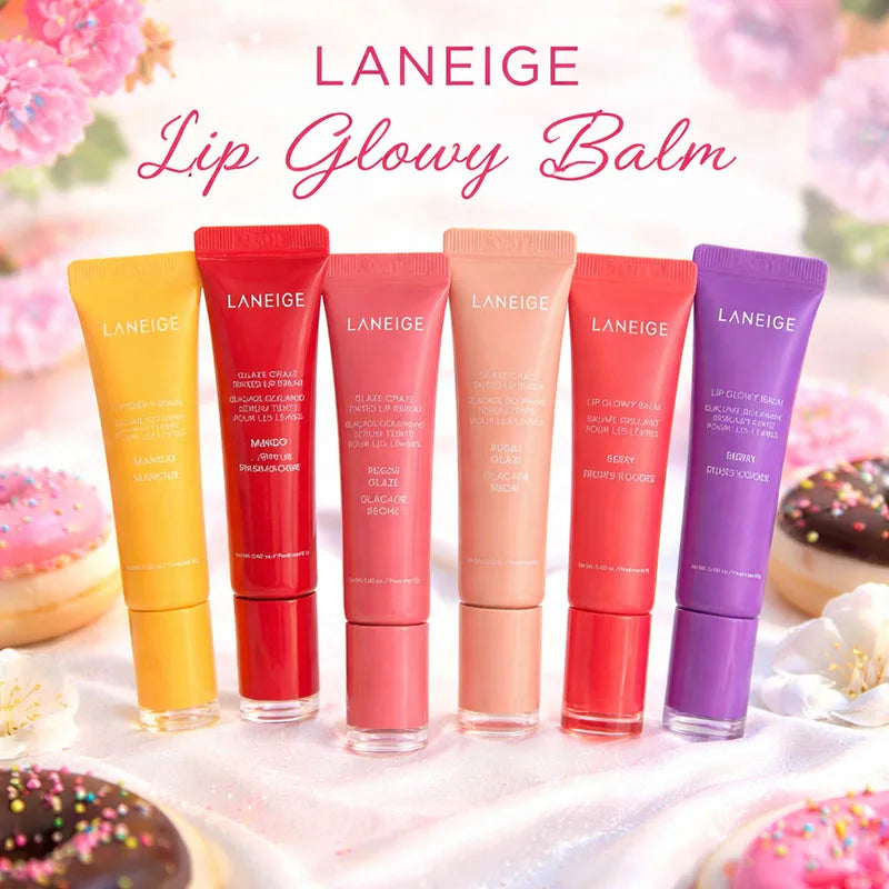 Laneige Lip Glowy Balm set in colorful tubes: hydrating gloss treatment with shea butter for shiny, soft lips.