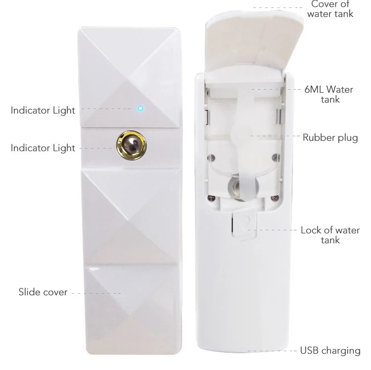White portable nano facial steamer, USB rechargeable mist sprayer for skin hydration and eyelash extension cleaning.