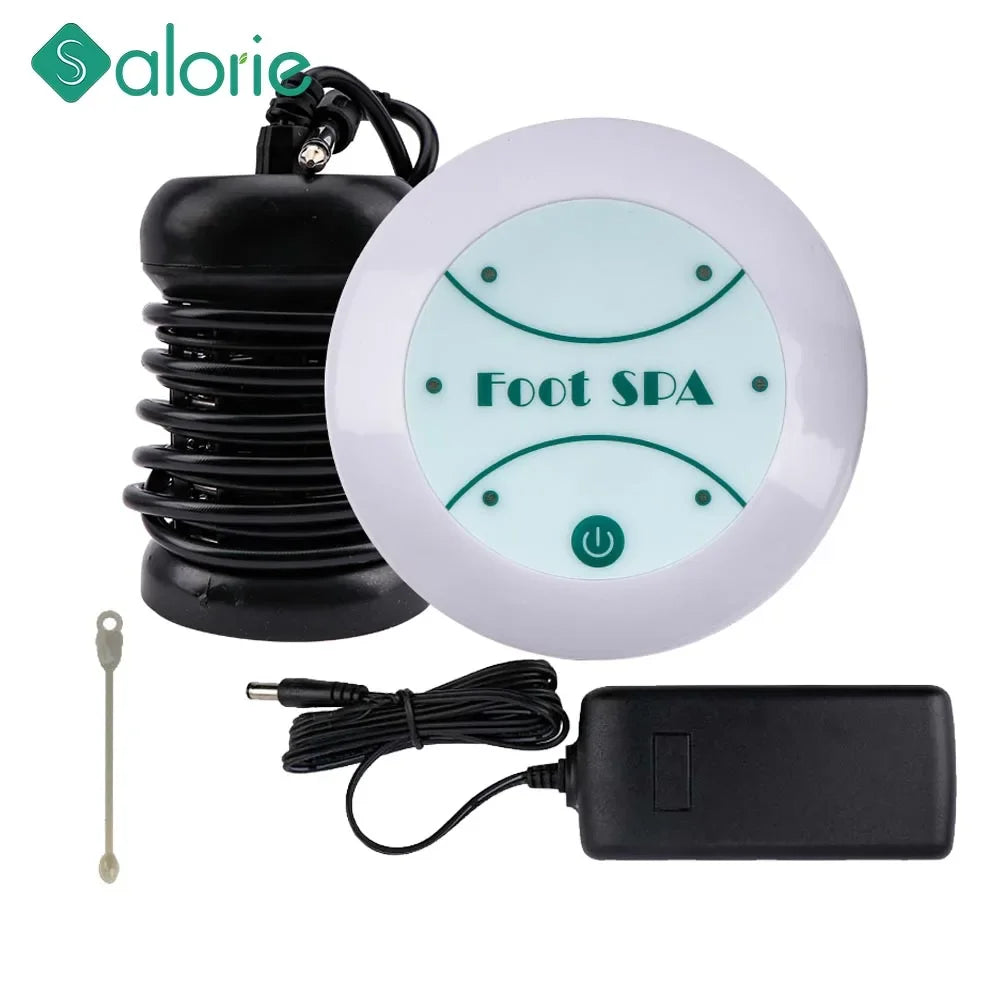 Ionic foot detox spa machine with white control unit, black ion array, and power adapter for home detoxification.
