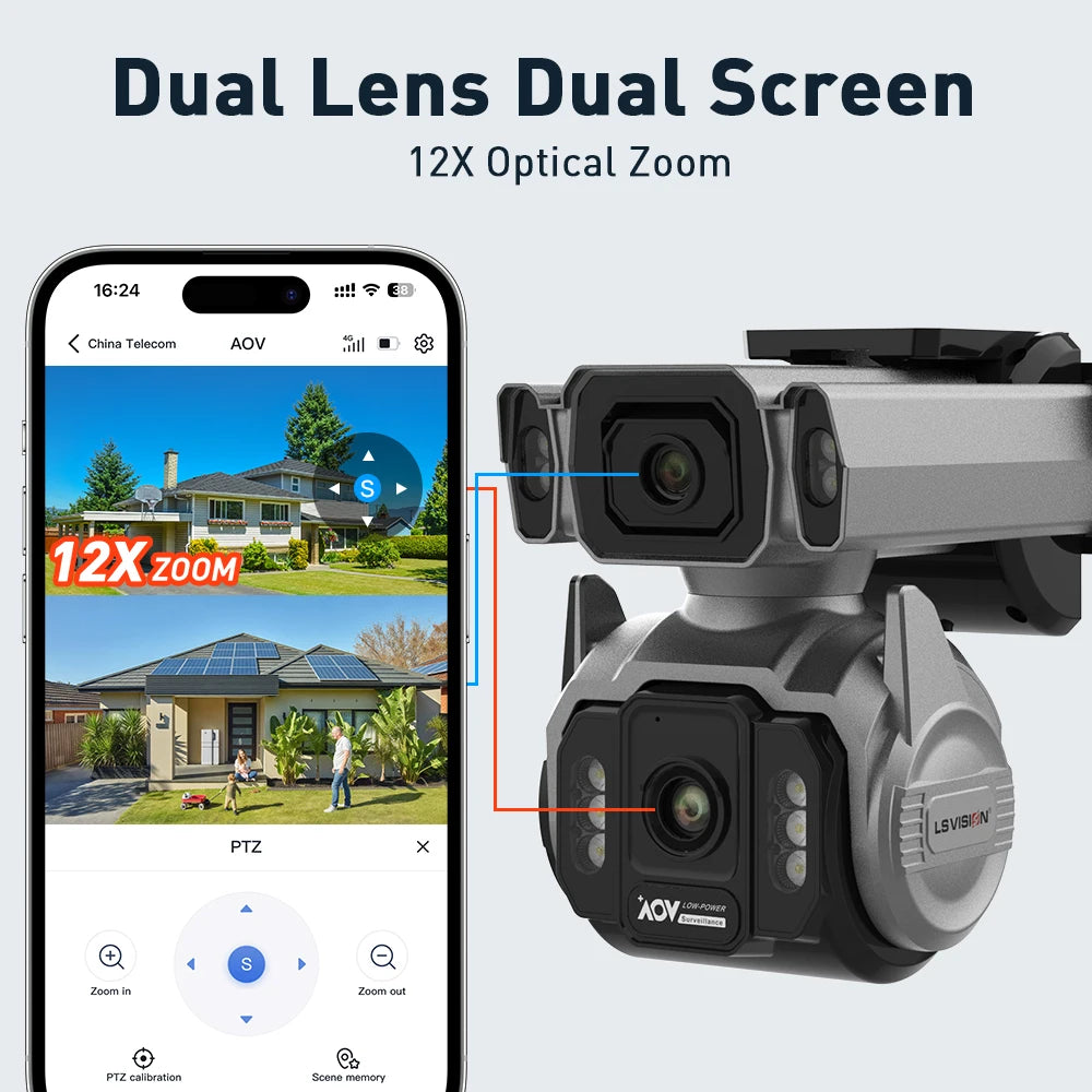 LS VISION Outdoor Surveillance Solar Camera 4g 12X Optical Zoom Cctv Home Cam With 24/7 Video Recording Dual Screen AOV Tracking