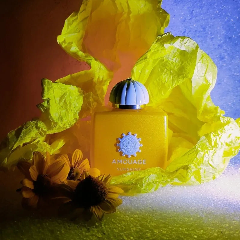 Amouage Sunshine Women 100ml EDP: Luxury floral oriental perfume in a square bottle with vanilla, musk, and amber notes.