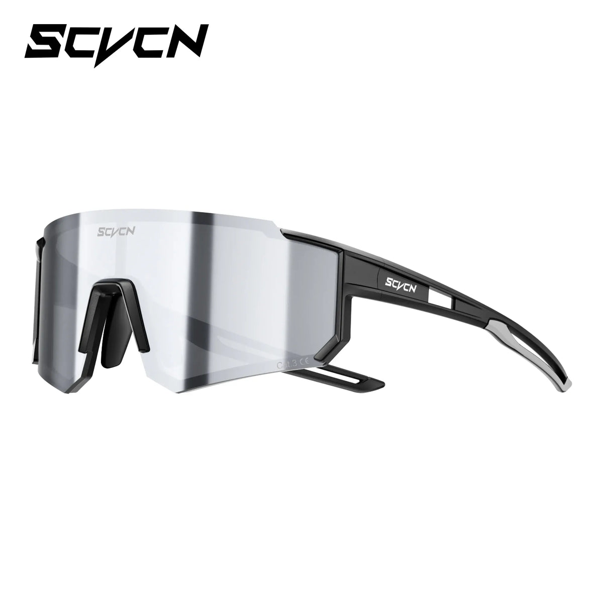 Cycling sport sunglasses with silver mirrored lens and black frame, vented sides