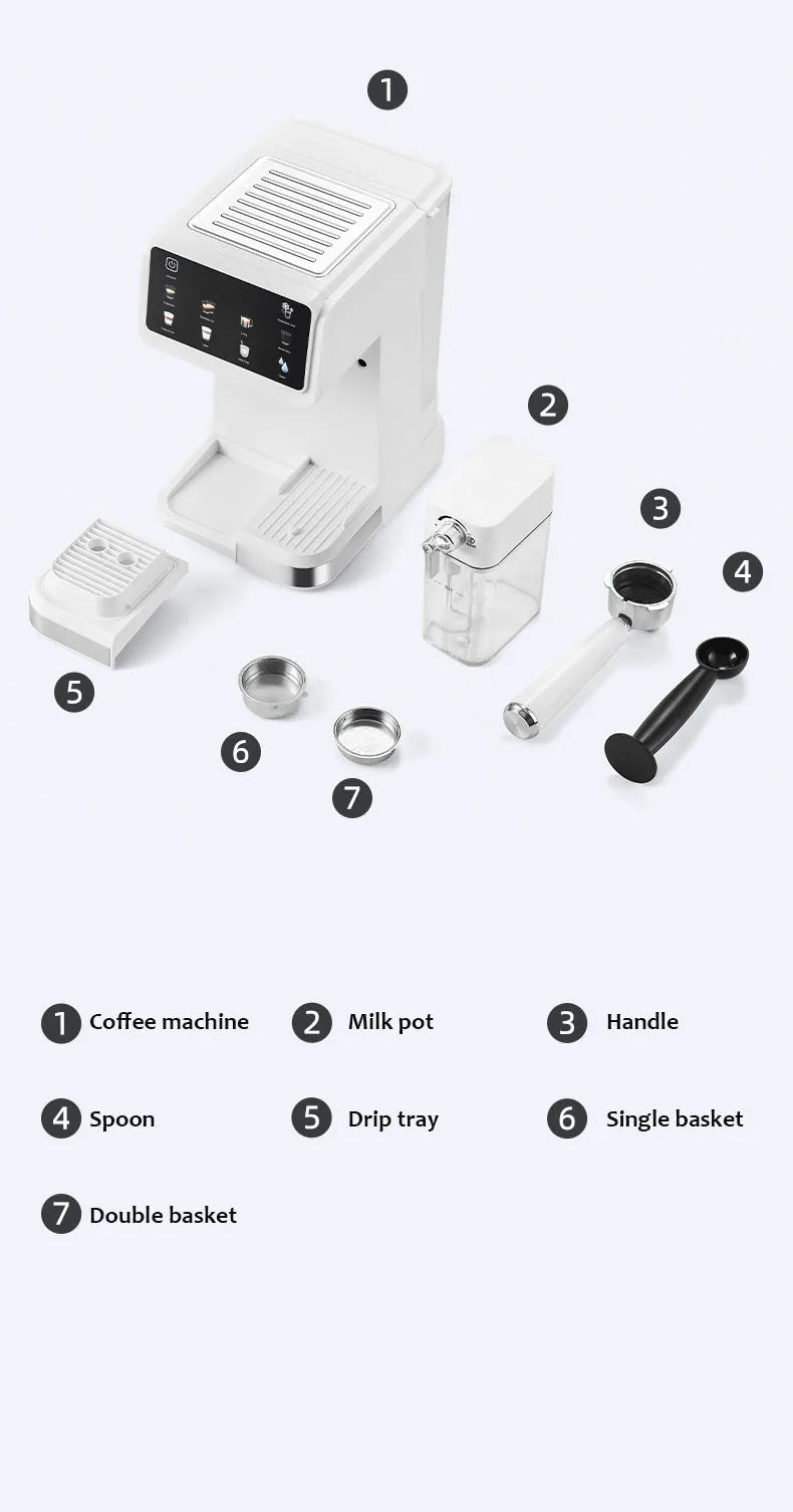 White espresso machine set with milk frother, portafilter, scoop, and filter baskets for home coffee brewing.