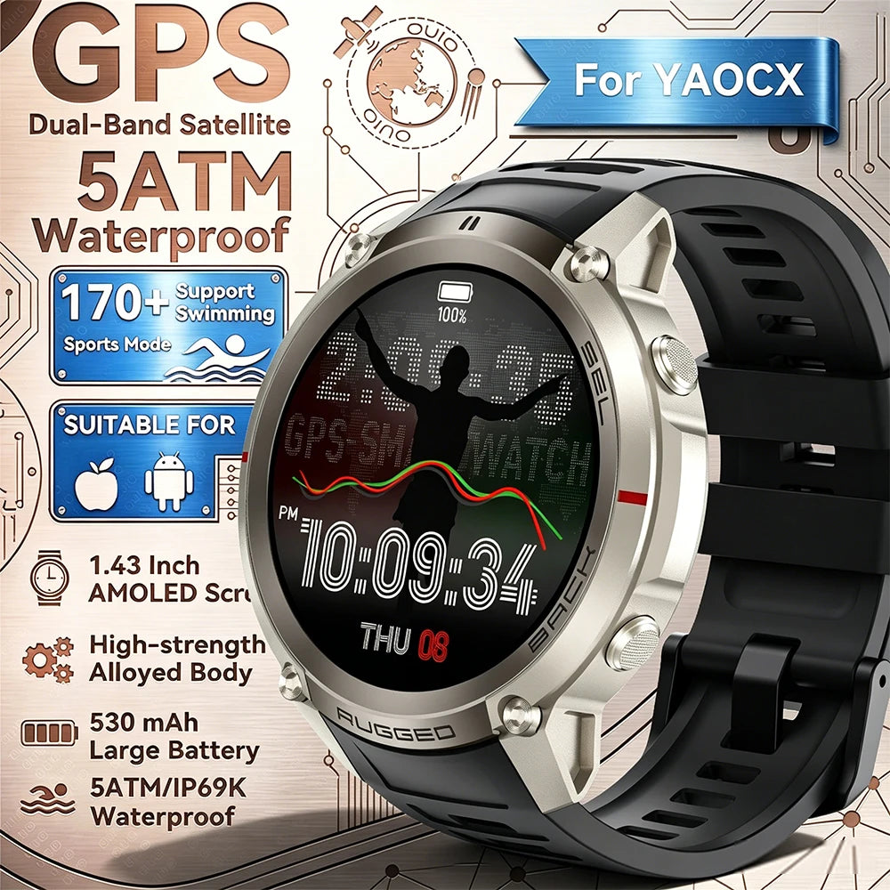 2026 New Outdoor GPS Smart Watch Map Compass Navigation 5ATM Waterproof Bluetooth Call 100+Sport Mode Men AMOLED HD Smart Watch