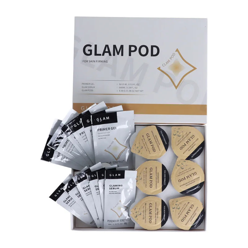 Glam Pod oxygen facial kit with serum gel sachets and exfoliation capsules for skin rejuvenation and firming treatment.