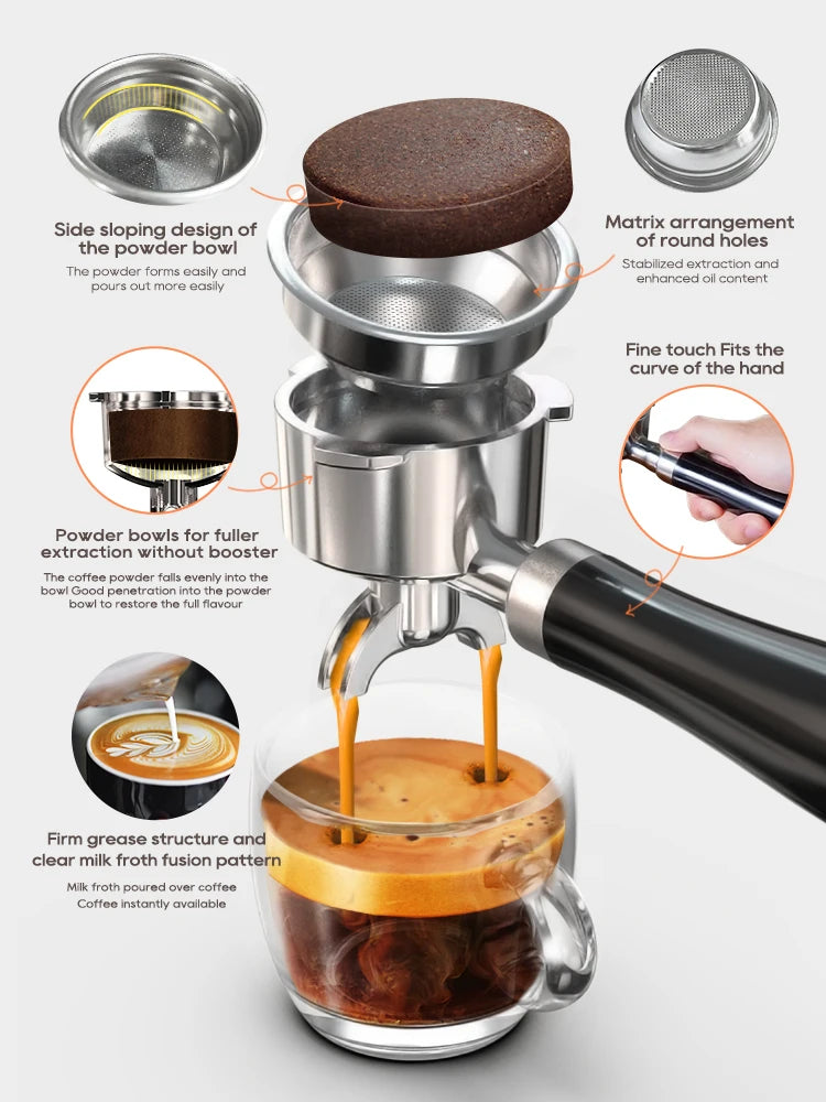 Stainless steel espresso machine portafilter with black handle and powder bowl showing coffee extraction features.