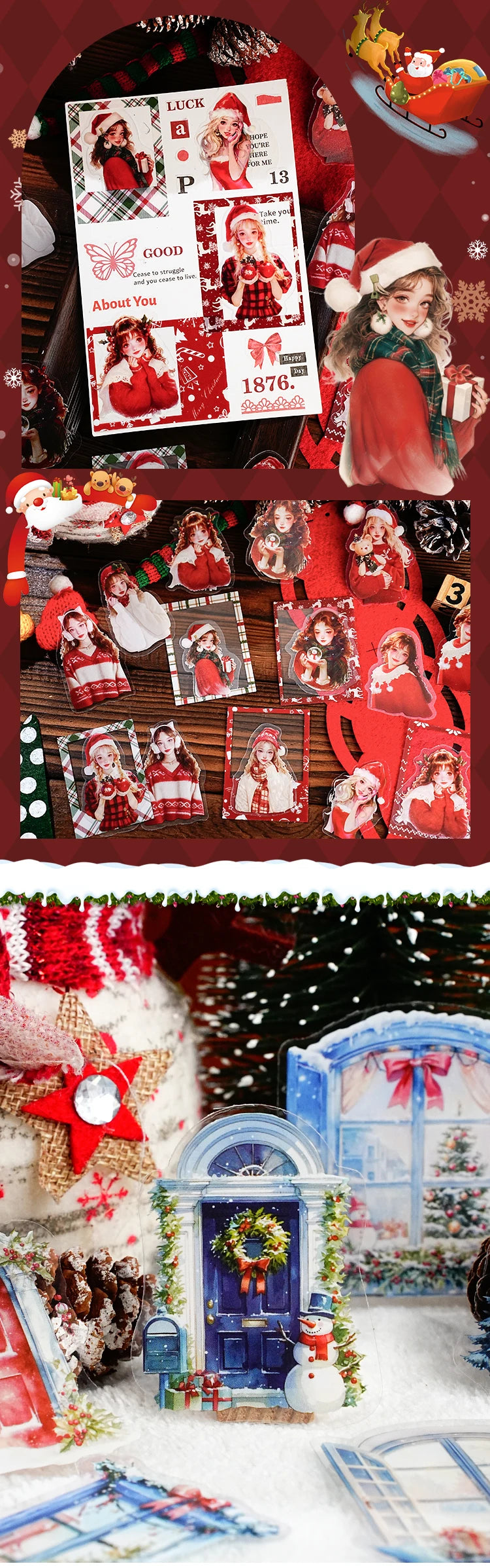15 Sheets Christmas Theme PET Sticker Pack for Scrapbook DIY Photo Frame Collage Decor, Christmas Gift Decorative Stickers