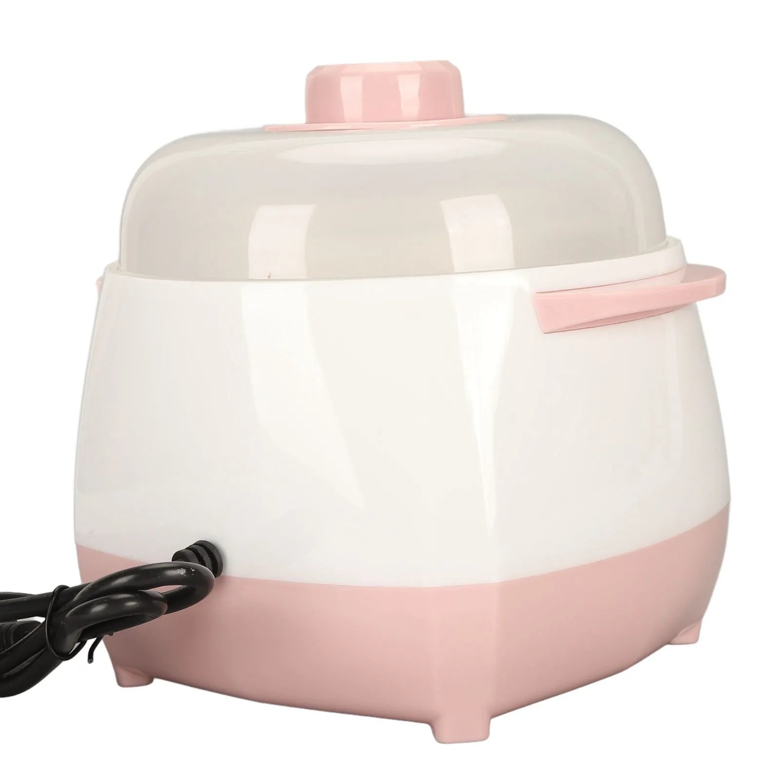 Pink and white mini electric rice cooker with clear lid, side handle, and plug connection