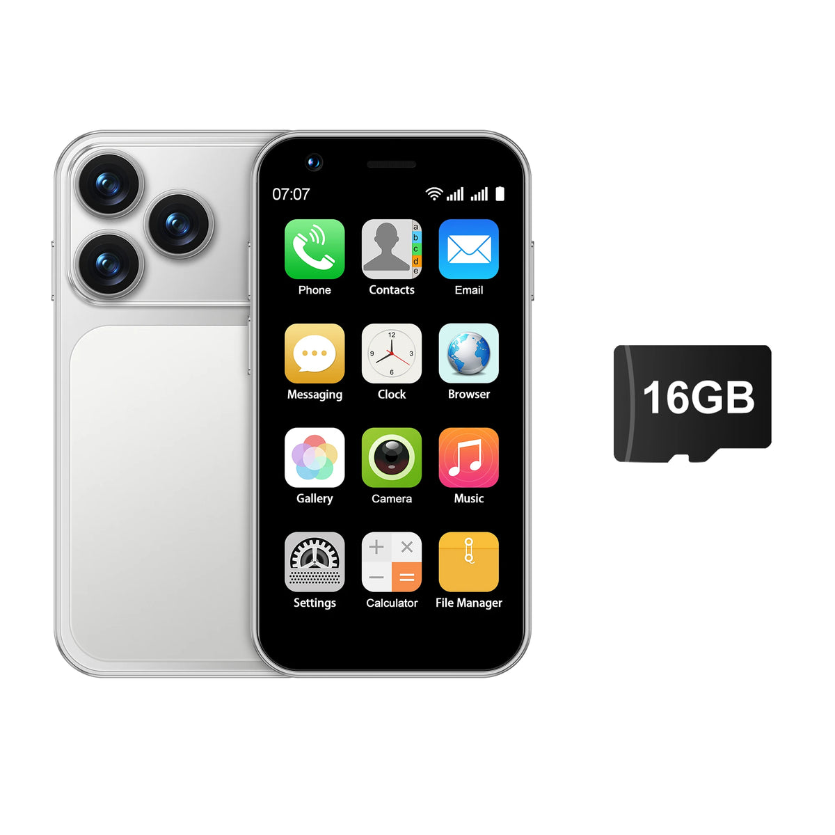 Silver smartphone with dual rear cameras, front screen and 16GB storage card