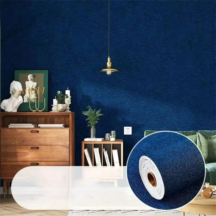 Self-adhesive linen-texture wall panel wallpaper in deep blue, with roll sample