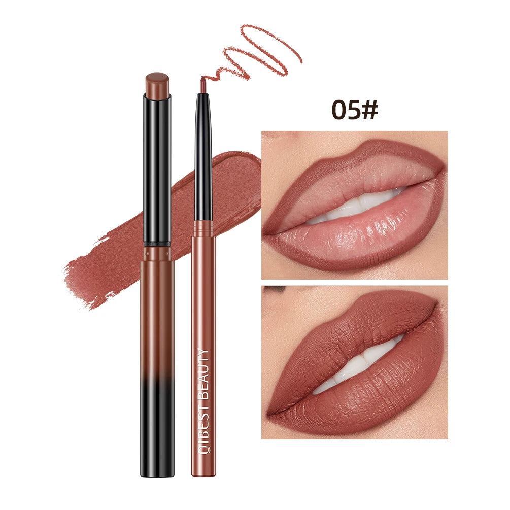 QIBEST matte nude lipstick and lip liner pencil set in shade 05, featuring long-lasting, waterproof brown lip makeup.