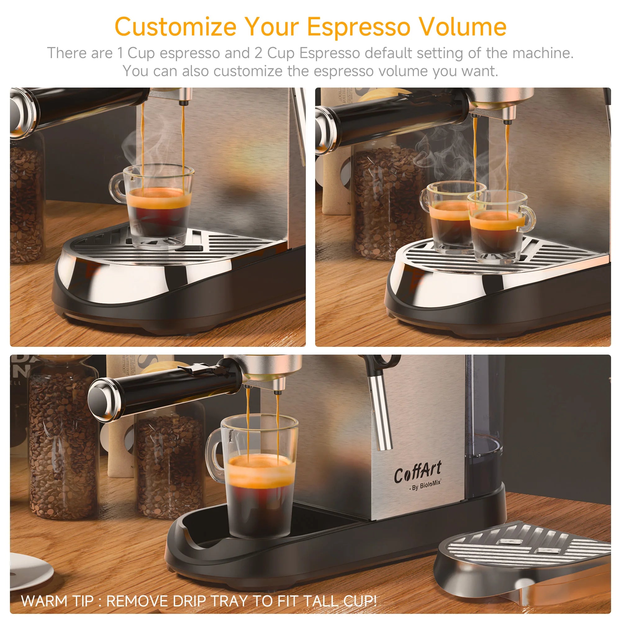 BioloMix CoffArt stainless steel espresso machine brewing single and double shots with a removable drip tray.